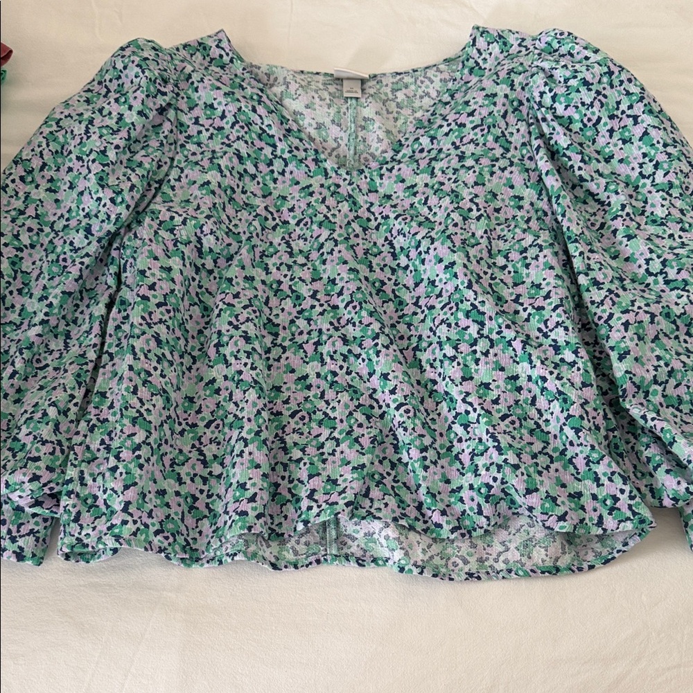 a new day Floral V-Neck Blouse - Blue and Green